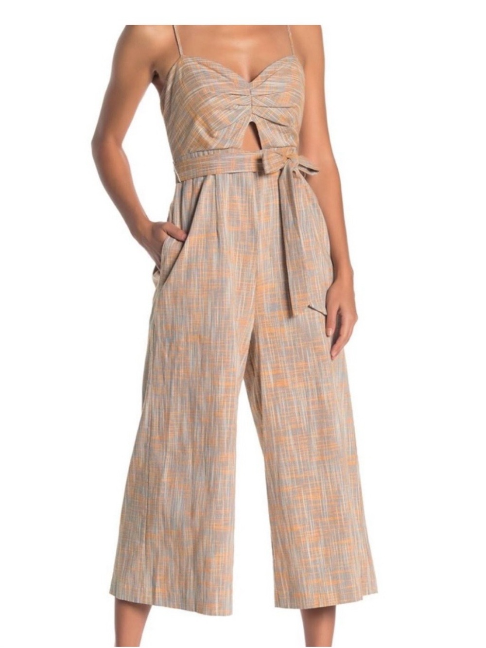 BCBGeneration cutout striped basket weave belted cropped wide leg pantsuit sm